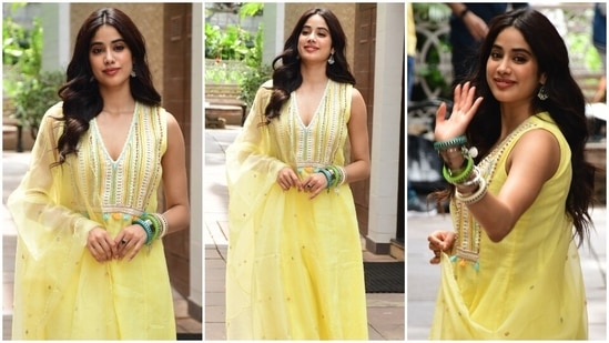 Janhvi Kapoor chose a pastel yellow anarkali suit set for the promotions.&nbsp;(HT Photo/Varinder Chawla)