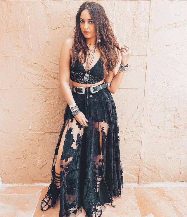 Sonakshi Sinha in a black hippie bralette and sheer pants set (Photo: Instagram)