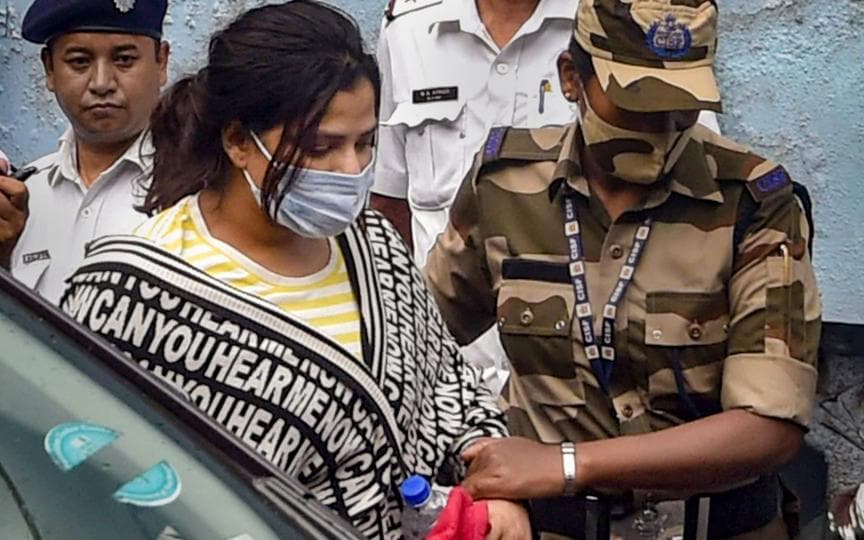 Arpita Mukherjee, close aide of TMC leader Partha Chatterjee, being produced at a court in connection with the teachers’ recruitment scam in Kolkata Wednesday. (PTI) Arpita Mukherjee, close aide of TMC leader Partha Chatterjee, being produced at a court in connection with the teachers’ recruitment scam in Kolkata Wednesday. (PTI)