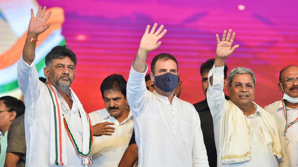 File photo of DK Shivakumar with Rahul Gandhi and Siddaramaiah. (PTI) File photo of DK Shivakumar with Rahul Gandhi and Siddaramaiah. (PTI)