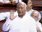 Congress leader Mallikarjun Kharge speaks in the Rajya Sabha during Parliament's Monsoon Session. (PTI)