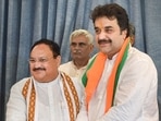 Former Congress leader Kuldeep Bishnoi meets BJP National President JP Nadda after joining the BJP, at the latter's residence in New Delhi, Thursday, August 4, 2022. (PTI Photo/Manvender Vashist Lav) Former Congress leader Kuldeep Bishnoi meets BJP National President JP Nadda after joining the BJP, at the latter's residence in New Delhi, Thursday, August 4, 2022. (PTI Photo/Manvender Vashist Lav)