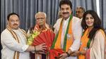 Former Congress leaders Kuldeep Bishnoi and his wife Renuka with BJP president JP Nadda and Haryana chief minister Manohar Lal Khattar after joining the Bharatiya Janata Party in New Delhi on Thursday. (PTI Photo) Former Congress leaders Kuldeep Bishnoi and his wife Renuka with BJP president JP Nadda and Haryana chief minister Manohar Lal Khattar after joining the Bharatiya Janata Party in New Delhi on Thursday. (PTI Photo)