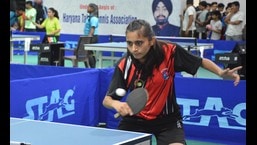 A player in action during the 11th Haryana State Ranking Table Tennis Championship that is being held in Panchkula. (Sant Arora/HT)