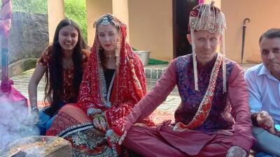 The marriage was solemnised on Tuesday, August 2 in a traditional Hindu ceremony at the Radha Krishan temple of Divya Ashram at Kharota village in Dharamshala. The man of Russian-origin and his Ukrainian girlfriend had been living in Dharamkot village, known as the Tel Aviv of Himachal, for about a year . (HT PHOTO) The marriage was solemnised on Tuesday, August 2 in a traditional Hindu ceremony at the Radha Krishan temple of Divya Ashram at Kharota village in Dharamshala. The man of Russian-origin and his Ukrainian girlfriend had been living in Dharamkot village, known as the Tel Aviv of Himachal, for about a year . (HT PHOTO)