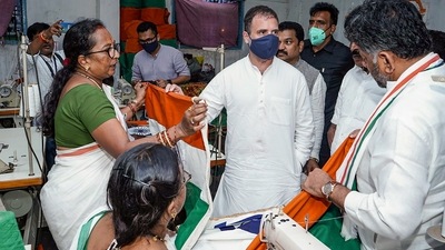 Rahul Gandhi visited Karnataka Khadi Gramodyoga Samyukta Sangha, the only unit in India that is authorised to manufacture and supply the Indian flag, in Hubballi, Wednesday, (PTI) Rahul Gandhi visited Karnataka Khadi Gramodyoga Samyukta Sangha, the only unit in India that is authorised to manufacture and supply the Indian flag, in Hubballi, Wednesday, (PTI)