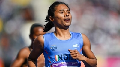Hima Das of India reacts as she crosses the finish line in her heat of the women's 200 mts during the athletics in the Alexander Stadium, at the Commonwealth Games, in Birmingham (PTI)