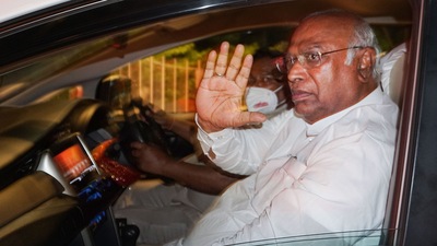 Senior Congress leader Mallikarjun Kharge leaves Young Indian (YI) office, the holding company of Congress-owned newspaper National Herald, in New Delhi. (PTI) Senior Congress leader Mallikarjun Kharge leaves Young Indian (YI) office, the holding company of Congress-owned newspaper National Herald, in New Delhi. (PTI)