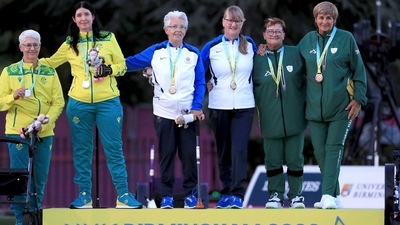 Scotland's Pauline Wilson, centre right and Rosemary Lenton, centre left, celebrate winning gold in the Para Women's Pairs B6-B8 - Gold Medal Bowls Match, with second placed Australia's Cheryl Lindfield, left and Serena Bonnell with their silver medals and third placed South Africa's Victoria van der Merwe and Desiree Levin at Victoria Park on day six of the 2022 Commonwealth Games in Birmingham, England, (AP) Scotland's Pauline Wilson, centre right and Rosemary Lenton, centre left, celebrate winning gold in the Para Women's Pairs B6-B8 - Gold Medal Bowls Match, with second placed Australia's Cheryl Lindfield, left and Serena Bonnell with their silver medals and third placed South Africa's Victoria van der Merwe and Desiree Levin at Victoria Park on day six of the 2022 Commonwealth Games in Birmingham, England, (AP)