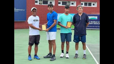 Arnav Bishoni and Varchasva Thapliyal, winners of the boys’ Under-18 doubles finals, at the Chandigarh Lawn Tennis Association stadium in Sector 10.