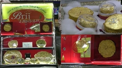 The image shows the ghevar prepared by a sweet shop in Agra. It is topped with 24-carat gold. (Twitter/@AHindinews) The image shows the ghevar prepared by a sweet shop in Agra. It is topped with 24-carat gold. (Twitter/@AHindinews)