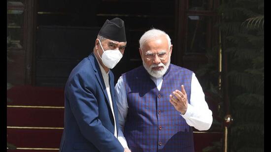 Prime Minister Narendra Modi and PM of Nepal Sher Bahadur Deuba, New Delhi,April 02, 2022 (Arvind Yadav/Hindustan Times)