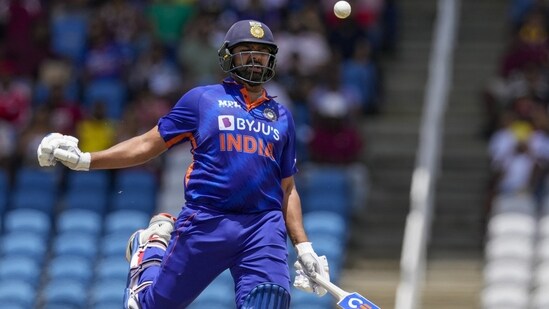 India's captain Rohit Sharma against West Indies(AP)
