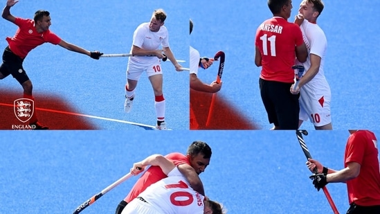 Players fight during England vs Canada at CWG 2022 (Twitter/EnglandHockey)