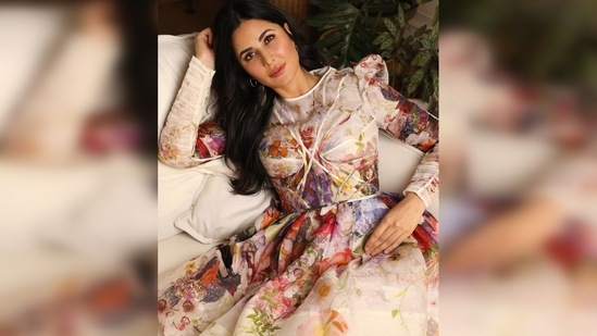Katrina Kaif's outfit features subtle balloon shoulders, corset detailing and multi-coloured ombre floral prints.(Instagram/@katrinakaif)