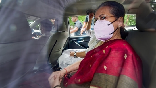Congress chief Sonia Gandhi arrives to appear before the Enforcement Directorate for questioning in connection with the National Herald case.(PTI)