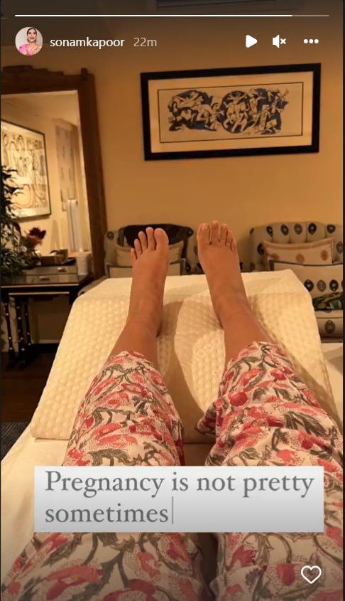 Sonam Kapoor shares a photo of her swollen feet on Instagram Stories.