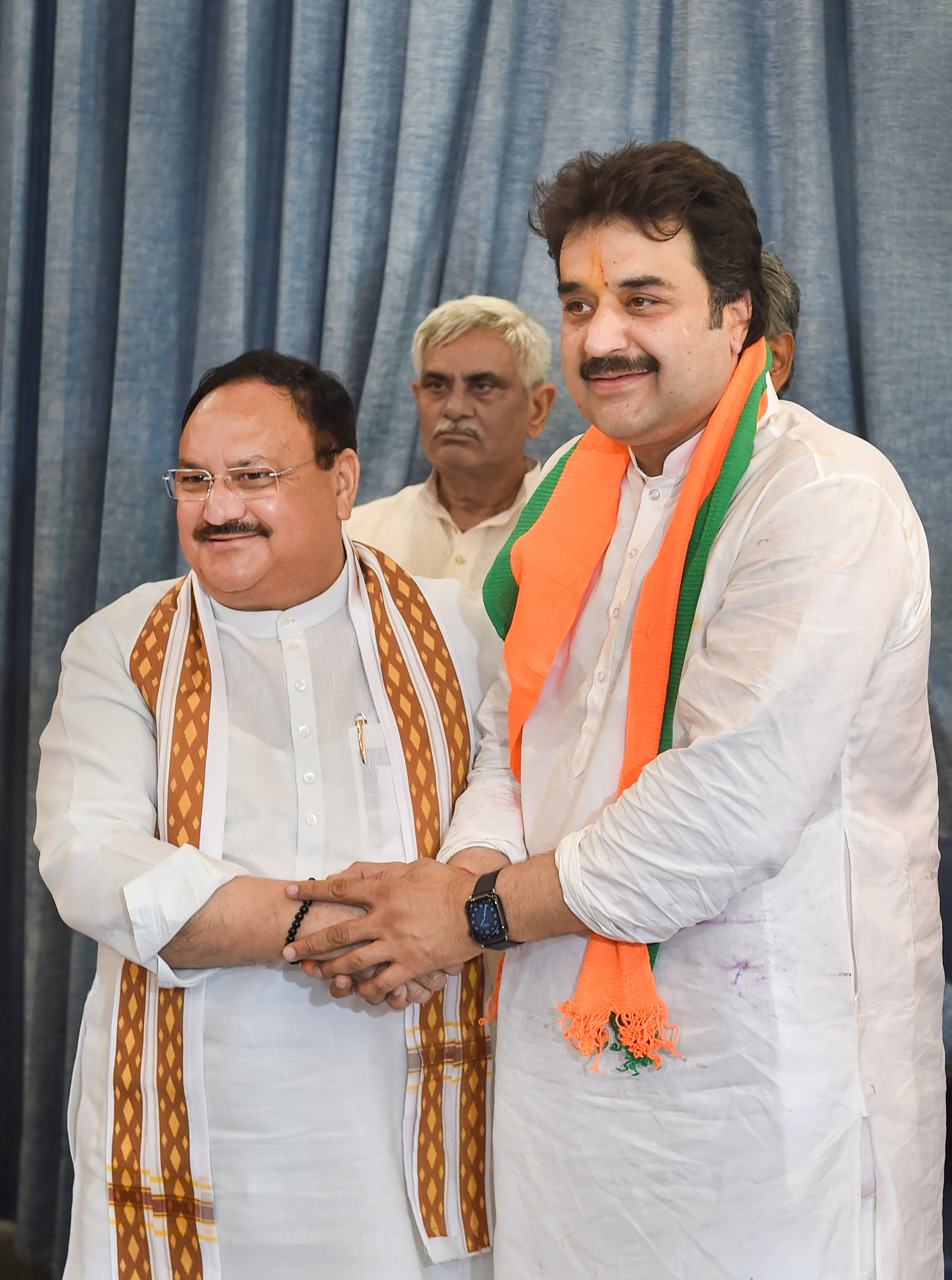 Former Congress leader Kuldeep Bishnoi meets BJP National President JP Nadda after joining the BJP, at the latter's residence in New Delhi, Thursday, August 4, 2022. (PTI Photo/Manvender Vashist Lav) Former Congress leader Kuldeep Bishnoi meets BJP National President JP Nadda after joining the BJP, at the latter's residence in New Delhi, Thursday, August 4, 2022. (PTI Photo/Manvender Vashist Lav)