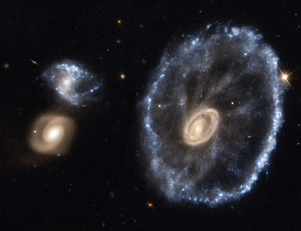 This is an image of the Cartwheel Galaxy taken with the NASA/ESA (European Space Agency) Hubble Space Telescope.(ESA/Hubble & NASA) This is an image of the Cartwheel Galaxy taken with the NASA/ESA (European Space Agency) Hubble Space Telescope.(ESA/Hubble & NASA)