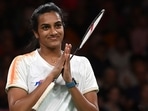 India's Venkata Sindhu Pusarla celebrates after winning the Badminton Women's Singles game against Uganda's Husina Kobugabe&nbsp;(AP)