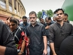 New Delhi: Congress leader Rahul Gandhi, wearing black clothes, along with party MPs marches towards Rashtrapati Bhawan as part of party's nationwide protest over price rise, unemployment and GST hike on essential items, in New Delhi, Friday, New Delhi: Congress leader Rahul Gandhi, wearing black clothes, along with party MPs marches towards Rashtrapati Bhawan as part of party's nationwide protest over price rise, unemployment and GST hike on essential items, in New Delhi, Friday,