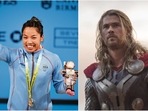 Mirabai Chanu at the 2022 Games and Chris Hemsworth's still from Thor: The Dark World