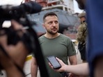 Ukraine President Volodymyr Zelensky facing journalists during a visit to Black Sea port of Chornomorsk. (File)(AFP PHOTO / Ukrainian Presidential Press Service) Ukraine President Volodymyr Zelensky facing journalists during a visit to Black Sea port of Chornomorsk. (File)(AFP PHOTO / Ukrainian Presidential Press Service)