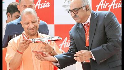Chief minister Yogi Adityanath and AirAsia CEO Sunil Bhaskaran during the inauguration of the flight services at Lucknow’s Chaudhary Charan Singh Airport on Friday. (Sourced)
