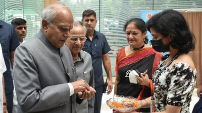 Pictures of the Friday event at Tagore Theatre showed the Punjab governor without a face mask, even though he had undergone a Covid test on Thursday. (HT Photo) Pictures of the Friday event at Tagore Theatre showed the Punjab governor without a face mask, even though he had undergone a Covid test on Thursday. (HT Photo)