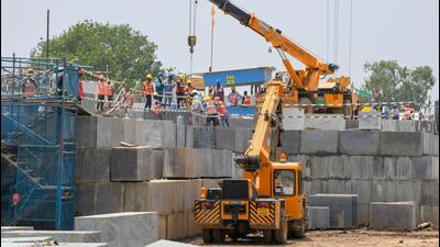Construction work underway on Ram Janmabhoomi campus in Ayodhya. (PTI PHOTO) Construction work underway on Ram Janmabhoomi campus in Ayodhya. (PTI PHOTO)