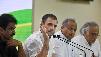 Rahul Gandhi with party leaders K C Venugopal, Ashok Gehlot and Jairam Ramesh. (PTI)