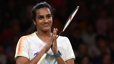 India's Venkata Sindhu Pusarla celebrates after winning the Badminton Women's Singles game against Uganda's Husina Kobugabe (AP) India's Venkata Sindhu Pusarla celebrates after winning the Badminton Women's Singles game against Uganda's Husina Kobugabe (AP)