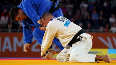 Mauritius' Tracy Durhone competes in the Women's +78kg Repechage at Coventry Arena on day six of the 2022 Commonwealth Games in Birmingham, England, Wednesday, Aug. 3, 2022 (AP) Mauritius' Tracy Durhone competes in the Women's +78kg Repechage at Coventry Arena on day six of the 2022 Commonwealth Games in Birmingham, England, Wednesday, Aug. 3, 2022 (AP)