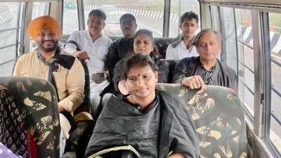 Congress leader Shashi Tharoor shares a photo on Twitter of him and other party members being detained during protest march. (Twitter/@ShashiTharoor) Congress leader Shashi Tharoor shares a photo on Twitter of him and other party members being detained during protest march. (Twitter/@ShashiTharoor)
