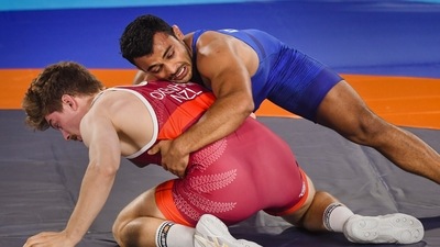 Deepak Punia competing in CWG 2022 (PTI) Deepak Punia competing in CWG 2022 (PTI)
