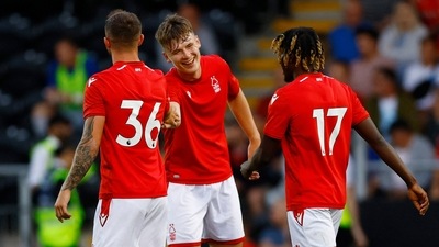 &nbsp;Pirelli Stadium, Burton-upon-Trent, Britain - July 20, 2022 Nottingham Forest's Aaron Donnelly celebrates with teammates&nbsp; (Action Images via Reuters)