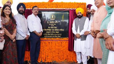 Punjab chief minister Bhagwant Mann after unveiling the foundation stone of the Sant Attar Singh State Institute of Medical Sciences at Mastuana Sahib in Sangrur district on Friday. (HT Photo)