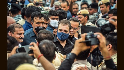 Delhi Police personnel detain Congress MP Rahul Gandhi in New Delhi on Friday. (Raj K Raj/HT Photo) Delhi Police personnel detain Congress MP Rahul Gandhi in New Delhi on Friday. (Raj K Raj/HT Photo)