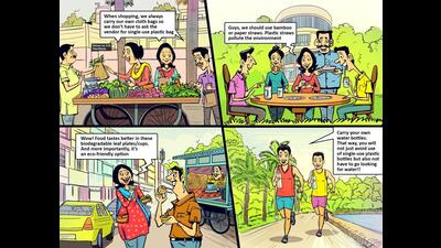 Even little steps such as carrying a paper/cloth/jute bag to the market so that you don’t have to ask the shopkeeper for a plastic bag, carrying your own water bottle while stepping out, not using plastic straws/cutlery etc can go a long way in protecting the environment from the hazards of the plastic. (Illustration: Biswajit Debnath/HT) Even little steps such as carrying a paper/cloth/jute bag to the market so that you don’t have to ask the shopkeeper for a plastic bag, carrying your own water bottle while stepping out, not using plastic straws/cutlery etc can go a long way in protecting the environment from the hazards of the plastic. (Illustration: Biswajit Debnath/HT)