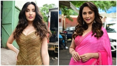 Nora Fatehi and Madhuri Dixit slay the glam game in two gorgeous ensembles for shoot in Mumbai (Ht Photo/Varinder Chawla) Nora Fatehi and Madhuri Dixit slay the glam game in two gorgeous ensembles for shoot in Mumbai (Ht Photo/Varinder Chawla)