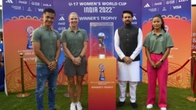 Anurag Thakur and Sunil Chhetri release the ticket for the Under-17 World Cup. (Twitter) Anurag Thakur and Sunil Chhetri release the ticket for the Under-17 World Cup. (Twitter)
