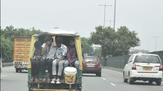 Gurugram, India - Aug. 5, 2022: Hailing shared autorickshaws may soon become difficult in Gurugram as the Gurugram traffic police have put a cap on the maximum number of passengers that three-wheelers can ferry in the city. On Friday, the traffic police directed auto unions and autorickshaw drivers to remove the passenger seat located on the sides of the driver’s seat and the one right behind in Gurugram, India, on Friday, August 5, 2022. (Photo by Vipin Kumar/ Hindustan Times) (Pics for Kartik Story) (Hindustan Times)