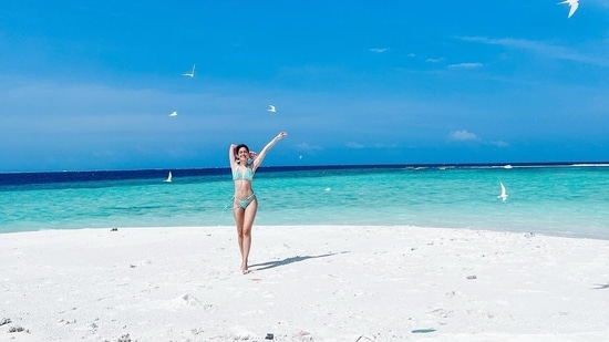 In the pictures, Alaya F can be seen flaunting her toned body in a blue bikini. She was sitting on the white sand, elongating her body when her photographer captured her.(Instagram/@alayaf)