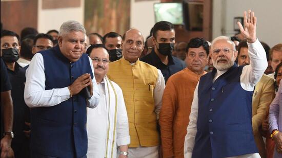 NDA's Vice-Presidential candidate Jagdeep Dhankhar with Prime Minister Narendra Modi, BJP president JP Nadda and defence minister Rajnath Singh after filing his nomination for the election, at Parliament House, in New Delhi. (Arvind Yadav/Ht)