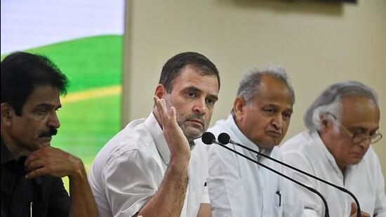 Rahul Gandhi with party leaders K C Venugopal, Ashok Gehlot and Jairam Ramesh. (PTI)