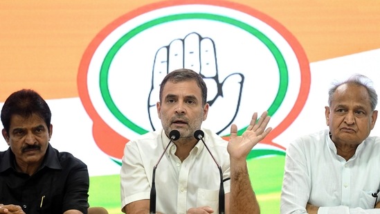 Congress leader Rahul Gandhi with KC Venugopal and Rajasthan chief minister Ashok Gehlot speak during a press conference in New Delhi on Friday.(ANI) Congress leader Rahul Gandhi with KC Venugopal and Rajasthan chief minister Ashok Gehlot speak during a press conference in New Delhi on Friday.(ANI)