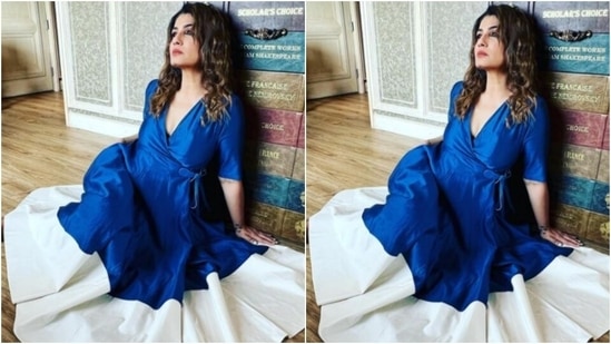 Raveena played muse to fashion designer house AMPM and picked a stunning blue dress to match her mood for the upcoming weekend.(Instagram/@officialraveenatandon)