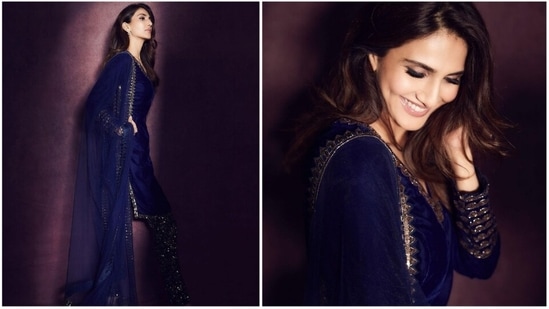 Vaani Kapoor's Instagram handle is on fire. The Shamshera actor's fashion game is always on fleek. For a recent outing, she ditched western attires for this elegant royal blue velvet kurta set.(Instagram/@_vaanikapoor_)