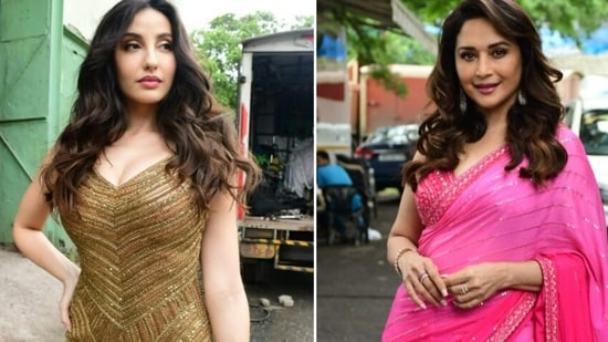 Nora Fatehi and Madhuri Dixit turned heads as they arrived for Jhalak Dikhhla Jaa 10 shoot in Mumbai.