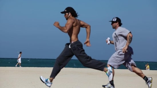 Hrithik Roshan was seen running on the beach in throwback photos he shared on Instagram.